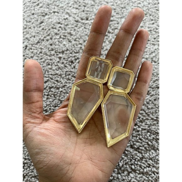 Large Gold clear earring chunky white acrylic crystal bold 3.75” - Picture 5 of 9